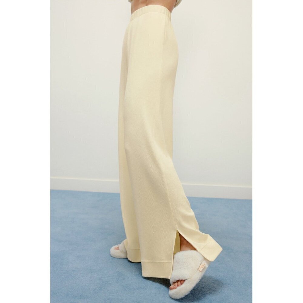 Neiwai Womens Ribbed Wide Leg Pant XL Beige High Rise Flare Pull On Minimalist - Picture 4 of 9